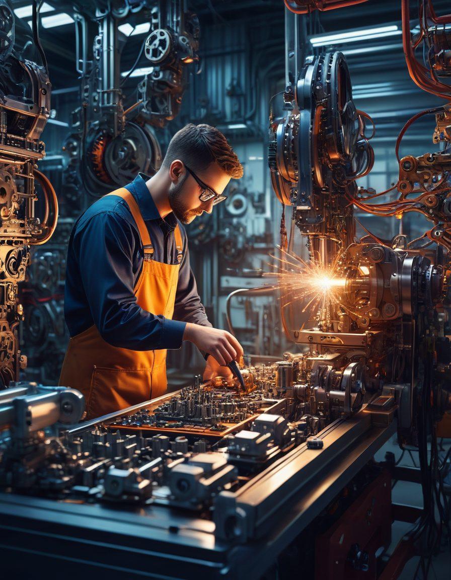 A dynamic illustration of a mechanical engineer meticulously balancing precision tools with performance machinery, showcasing gears and circuits in a harmonious arrangement. The background features a sleek modern workshop filled with high-tech equipment. Soft light illuminates the scene, emphasizing the intricate details of the machinery and tools. Vibrant colors create a sense of innovation and energy. super-realistic. vibrant colors. futuristic ambiance.