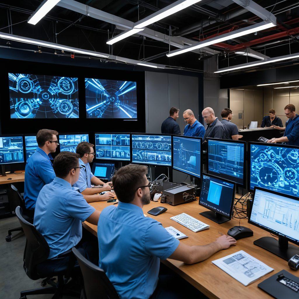 A dynamic engineering workshop scene showcasing a diverse team of engineers collaborating on shaft design, surrounded by blueprints, digital screens displaying innovative designs, and precision machinery in action. In the background, bright LED lights accentuate the futuristic vibe, with gears and tools symbolizing innovation. The atmosphere is filled with creativity and technical expertise. vibrant colors. super-realistic.