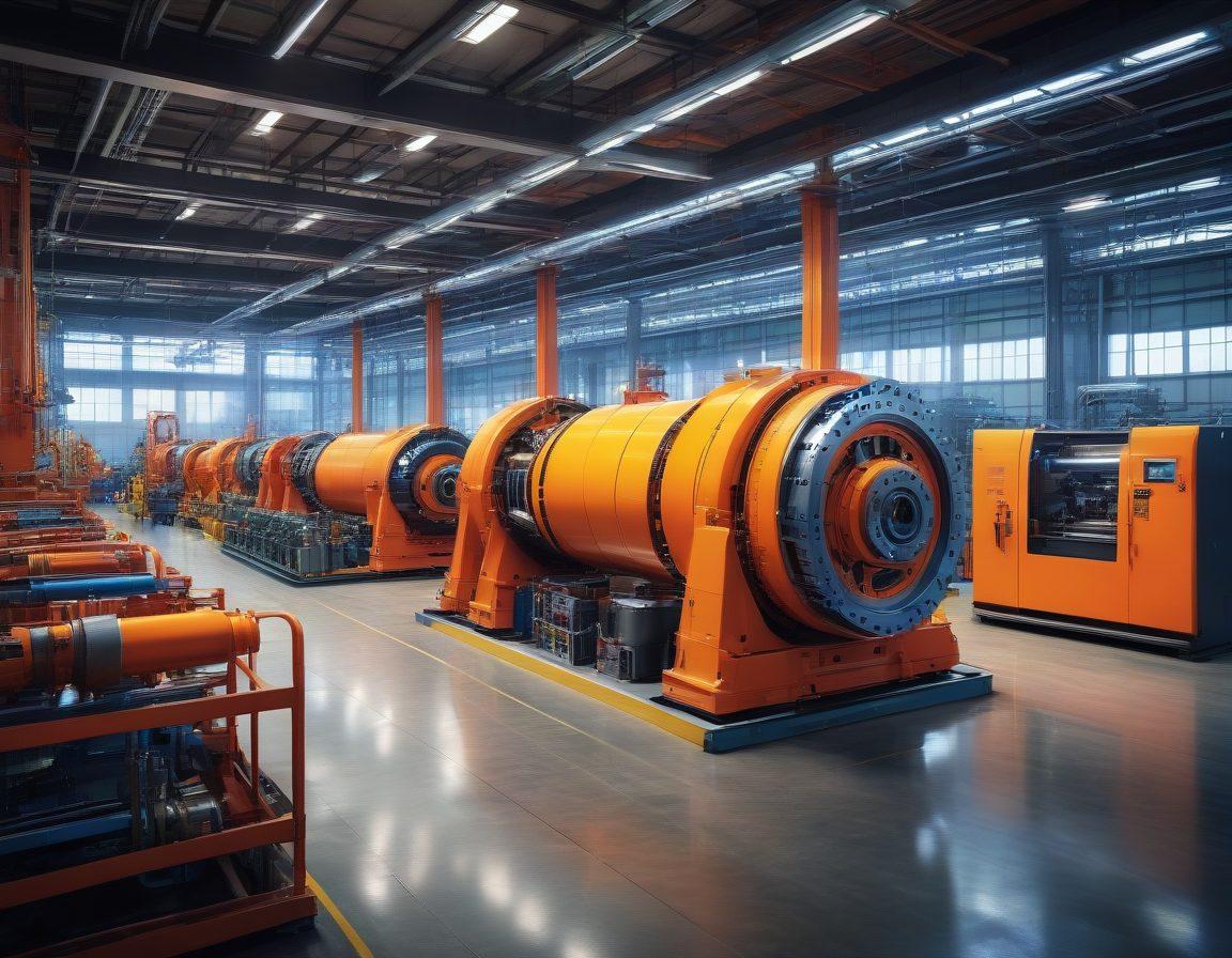 A mesmerizing depiction of a sleek, futuristic manufacturing facility showcasing the innovative shaft manufacturing process. Include intricate machinery, engineers in action, and shafts being crafted from raw materials to finished products, highlighting precision and technology. The background should feature a blueprint of designs and gears, symbolizing the concept phase, while vibrant colors emphasize the creative energy. The atmosphere is bright and inspiring, embodying a journey from idea to realization. super-realistic. vibrant colors. industrial style.